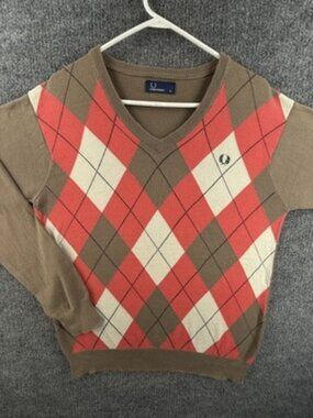 Fred Perry Brown Diamond Print Logo V-Neck Medium Cotton Pullover Mens Designer